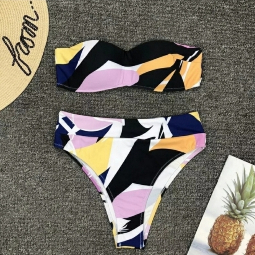 New Black Colorful Bandeau Top High Waist Bikini Set Swimsuit Size M - Picture 3 of 6